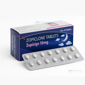 Zopiclone 10mg tablets blister pack and box.